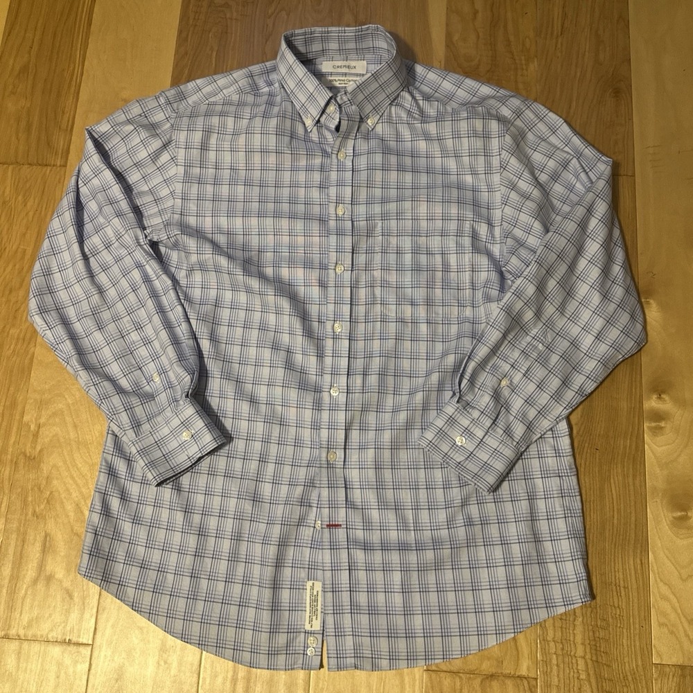 Cremieux Men's Dress Shirt 16/33 Blue Plaid Non-Iron Pima Cotton Long Sleeve